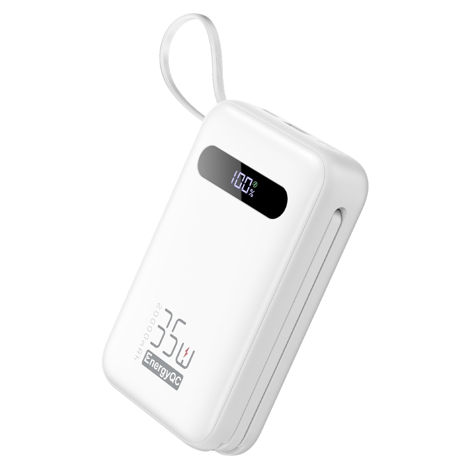 EnergyQC 20,000mAh Power Bank – 35W PD 3.0 & QC 4.0 Fast Charging Portable Charger with Built-in Lightning & USB-C Cables, White
