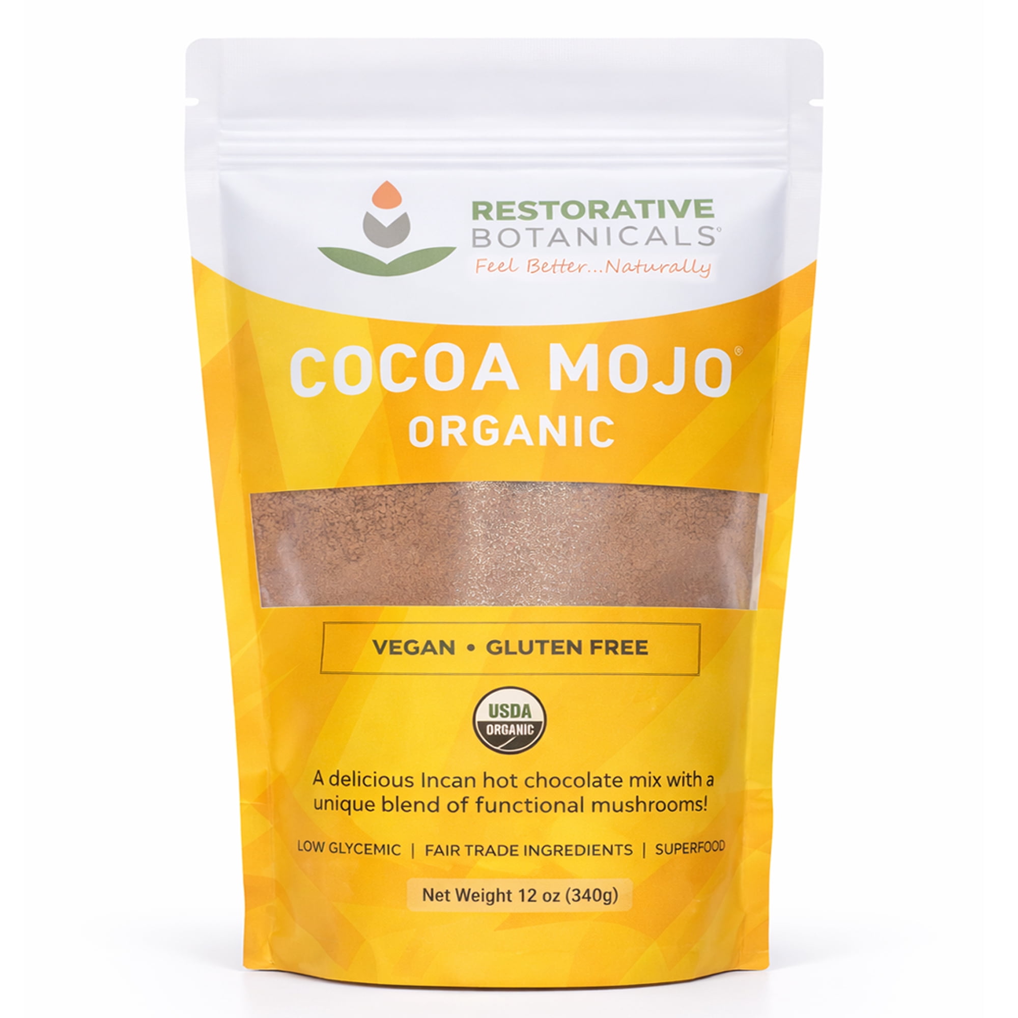 Enerhealth Botanicals Cocoa Mojo Certified Organic Hot Chocolate Peruvian Cocoa Mix, Sweetened with Low Glycemic Coconut Palm Sugar and Infused with 6 Mushroom Extracts to Boost Immunity 12 oz