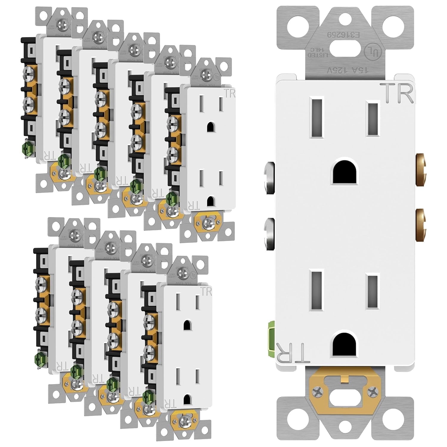 White Tamper-Resistant Self-Grounding Electrical Wall Outlet 10-Pack