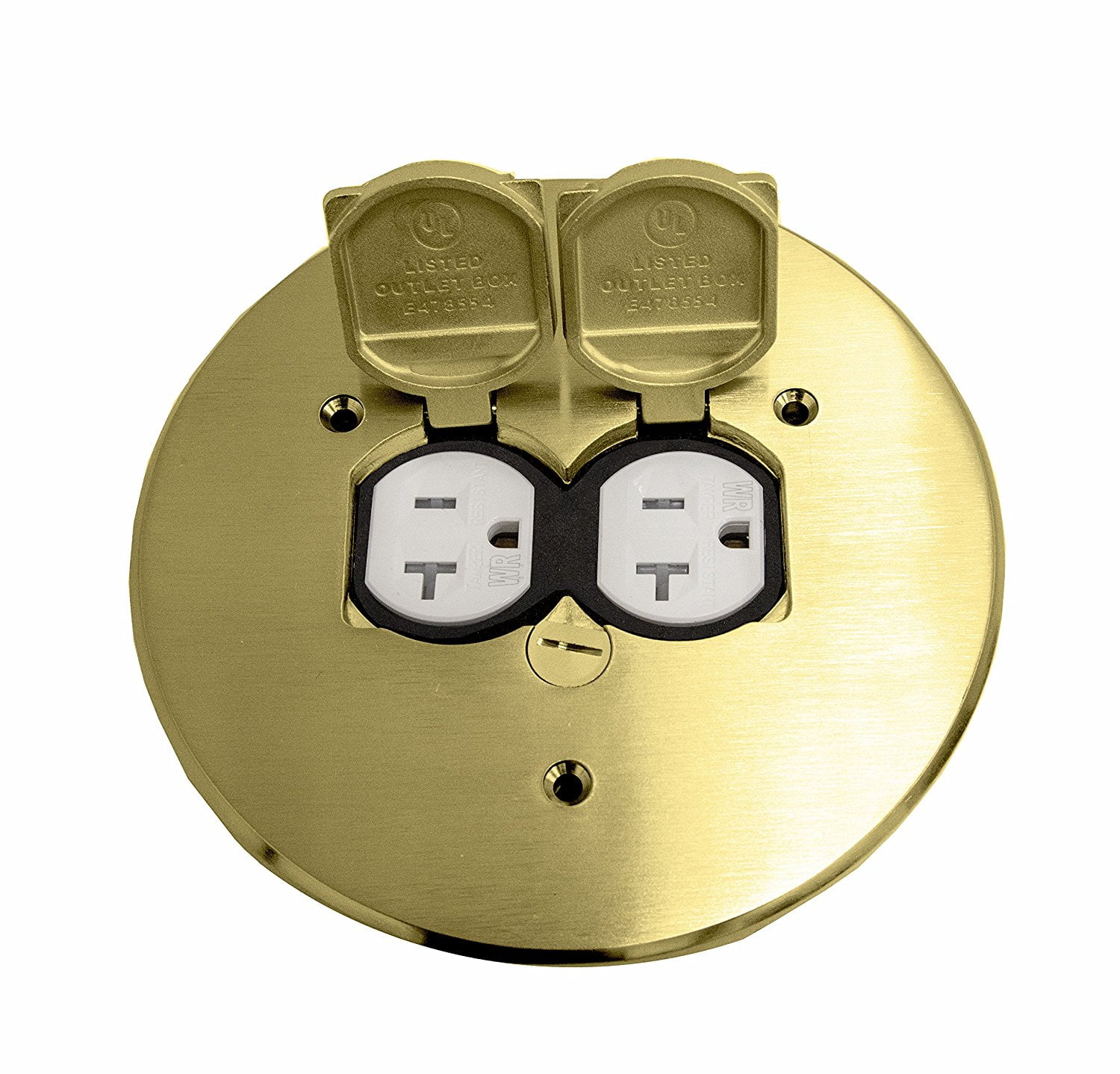 Enerlites 975517-C, 5 3/4'' Floor Box Cover, Seamless Dual Flip Lid Flanged Combination, Duplex 20A Tamper / Weather Resistant Outlet - Brass