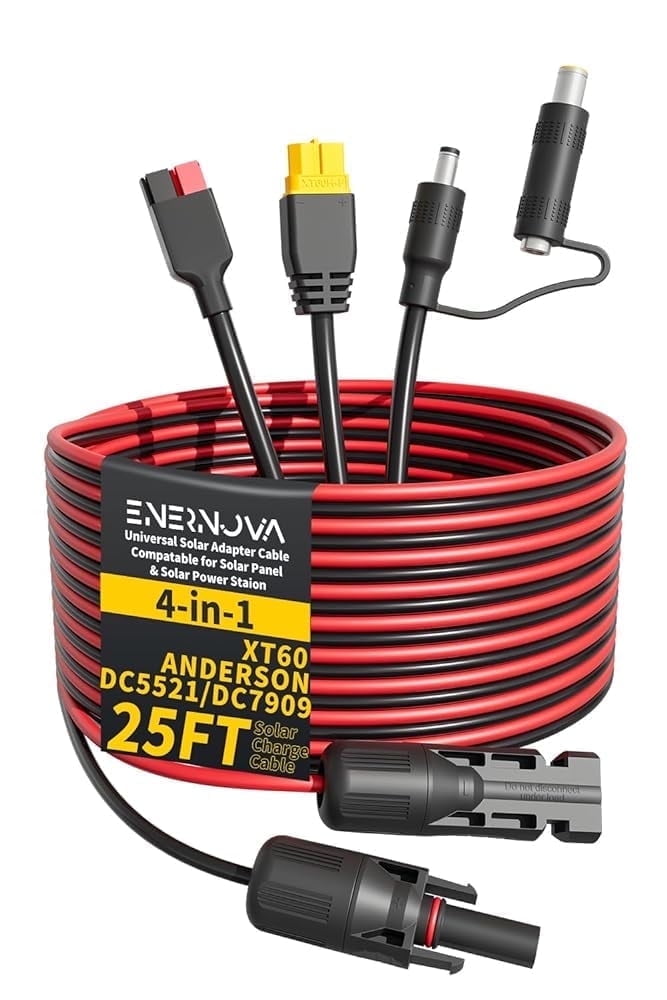 Enernova 25Ft Solar Charge Cable 4-in-1 Solar Connector to XT60, Anderson, DC5521, DC7909 Adapter Connector Connect Solar Panel for Portable Power Station Solar Generator