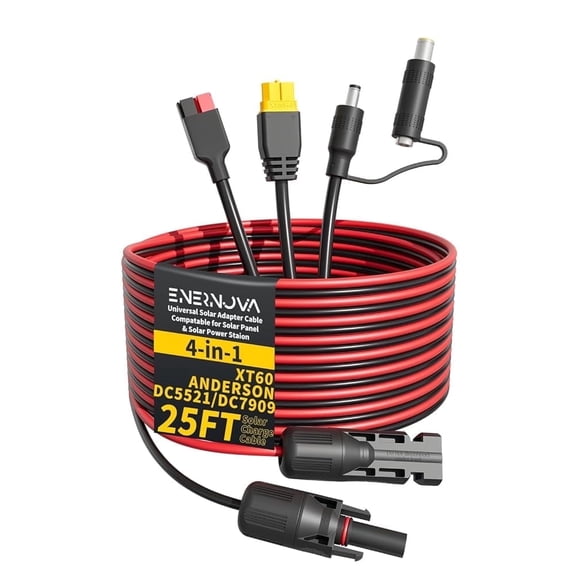 Enernova 25Ft Solar Charge Cable 4-in-1 Solar Connector to XT60, Anderson, DC5521, DC7909 Adapter Connector Connect Solar Panel for Portable Power Station Solar Generator