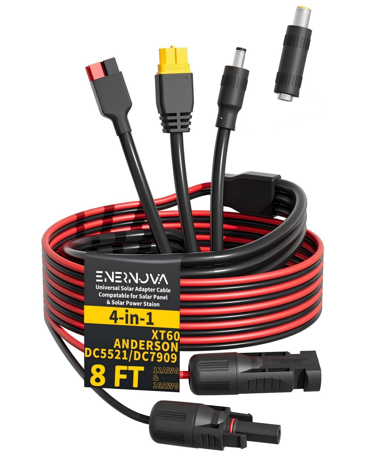 Enernova 8Ft Solar Charge Cable 4-in-1 Solar Connector to XT60, Anderson, DC5521, DC7909 Adapter Connector Connect Solar Panel for Portable Power Station Solar Generator