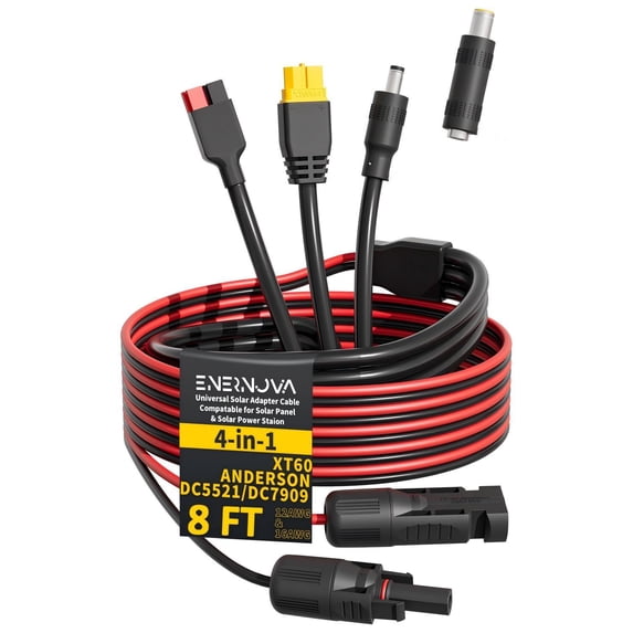 Enernova 8Ft Solar Charge Cable 4-in-1 Solar Connector to XT60, Anderson, DC5521, DC7909 Adapter Connector Connect Solar Panel for Portable Power Station Solar Generator