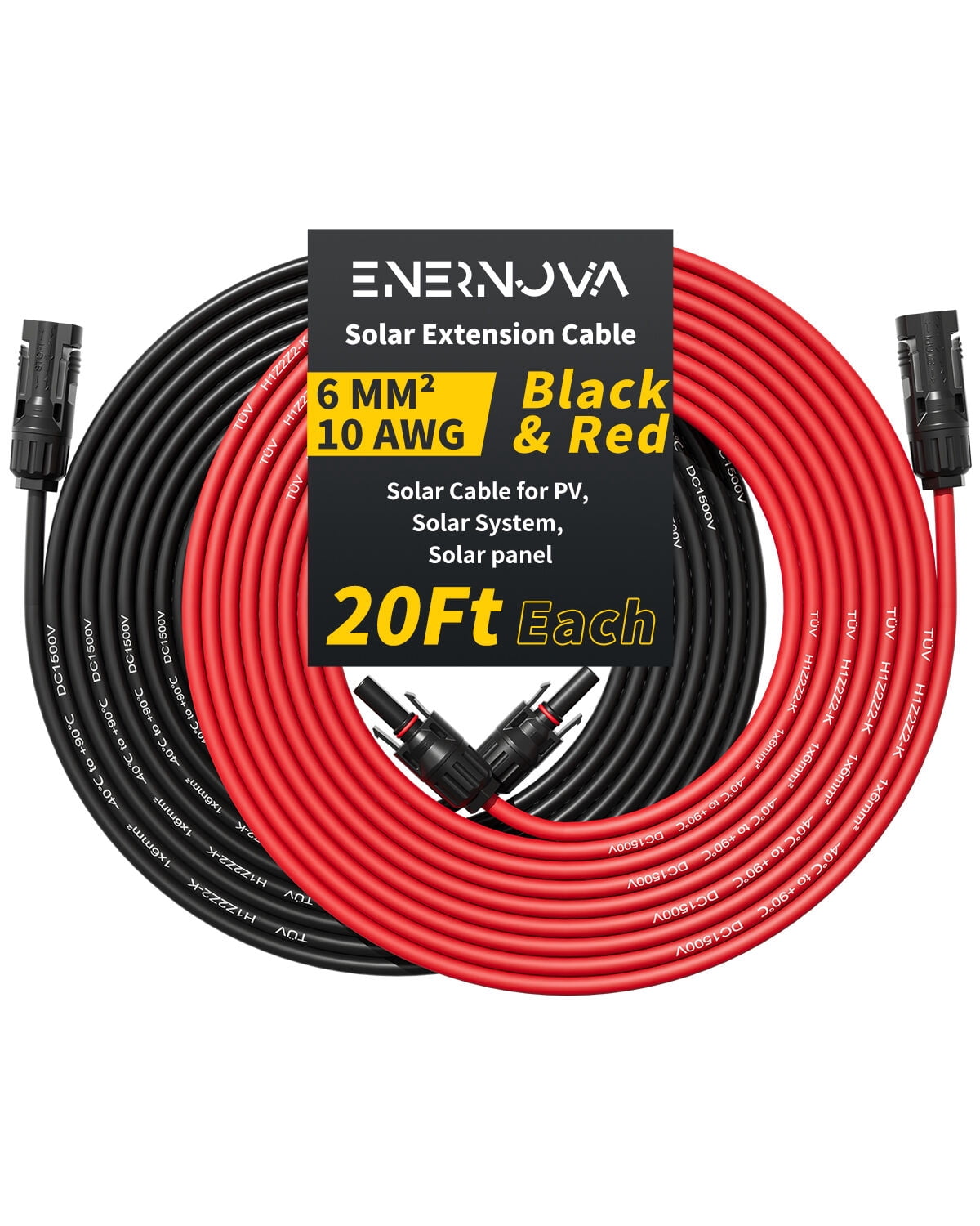 Enernova Solar Extension Cable 20Ft 10AWG, Solar Wire with Tool-Free Solar Connectors, Waterproof Solar Panel Extension Cable 4mm², PV Cable 12Gauge for Home Boat RV Solar Panels
