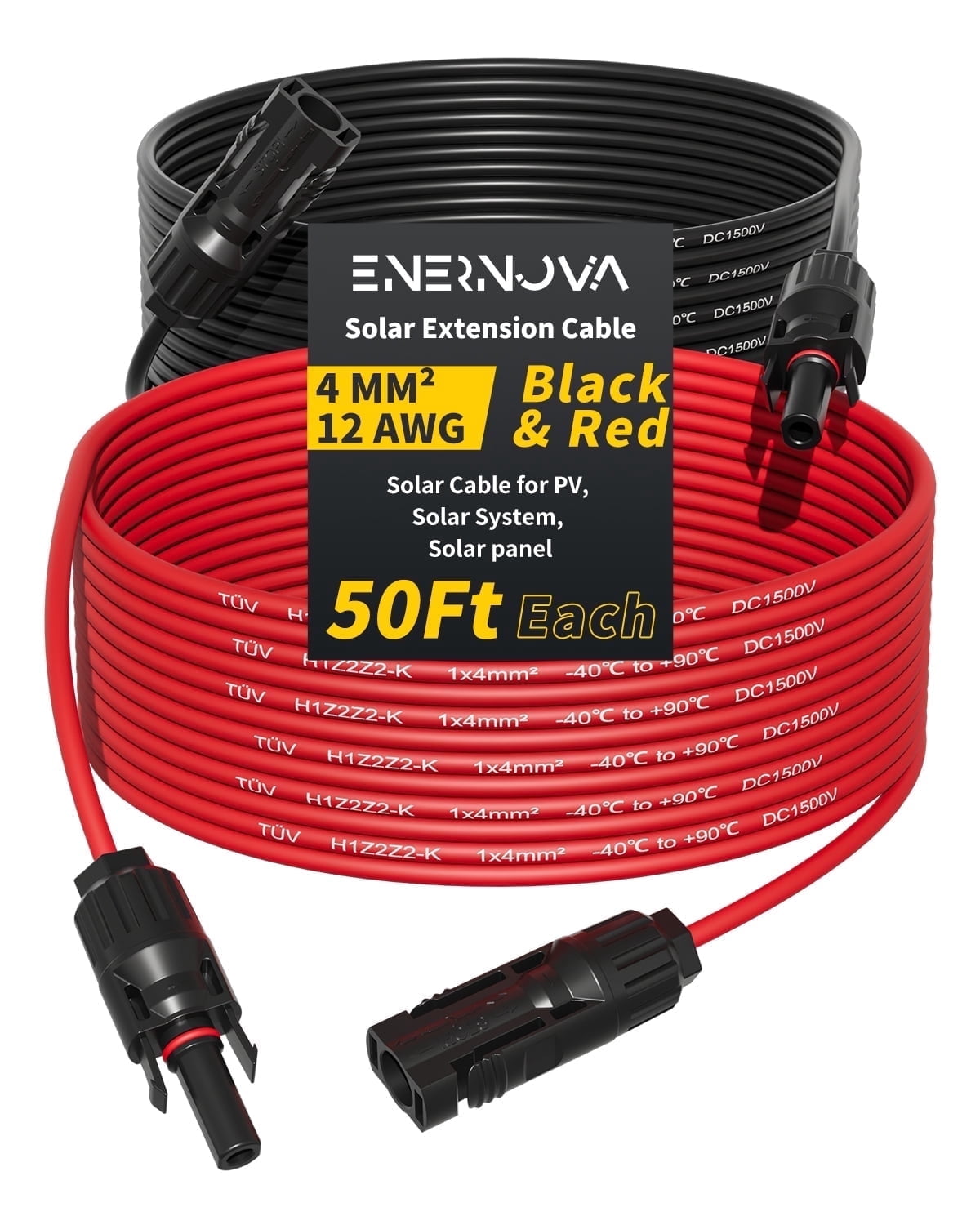 Enernova Solar Extension Cable 50Ft 12AWG, Solar Wire with Tool-Free Solar Connectors, Waterproof Solar Panel Extension Cable 4mm², PV Cable 12Gauge for Home Boat RV Solar Panels