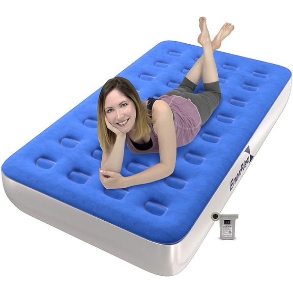 Enerplex Never-Leak Camping Series Twin Airbed with High Speed Pump Luxury Air Mattress Single High Inflatable Blow up Bed for Home Camping Travel – Blue/White