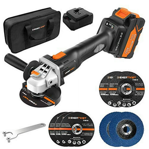 Enertwist Cordless Angle Grinder 20V MAX Brushless, 4 1/2", 0-8000 RPM w/ 4.0AH Lithium-Ion Battery & Fast Charger, 2-Position Auxiliary Handle, Electric Brake, 3+2+2 Cutting & Grinding& Flat Wheels
