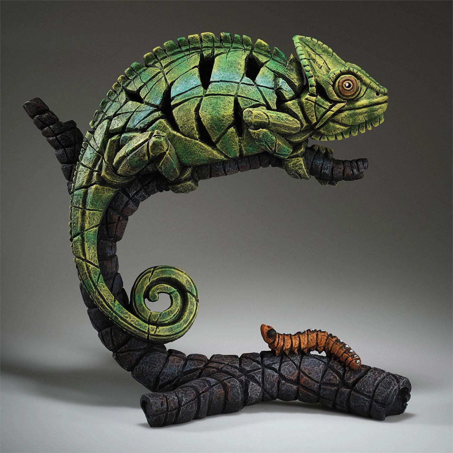 Green and Black Resin Chameleon Figurine with Branch