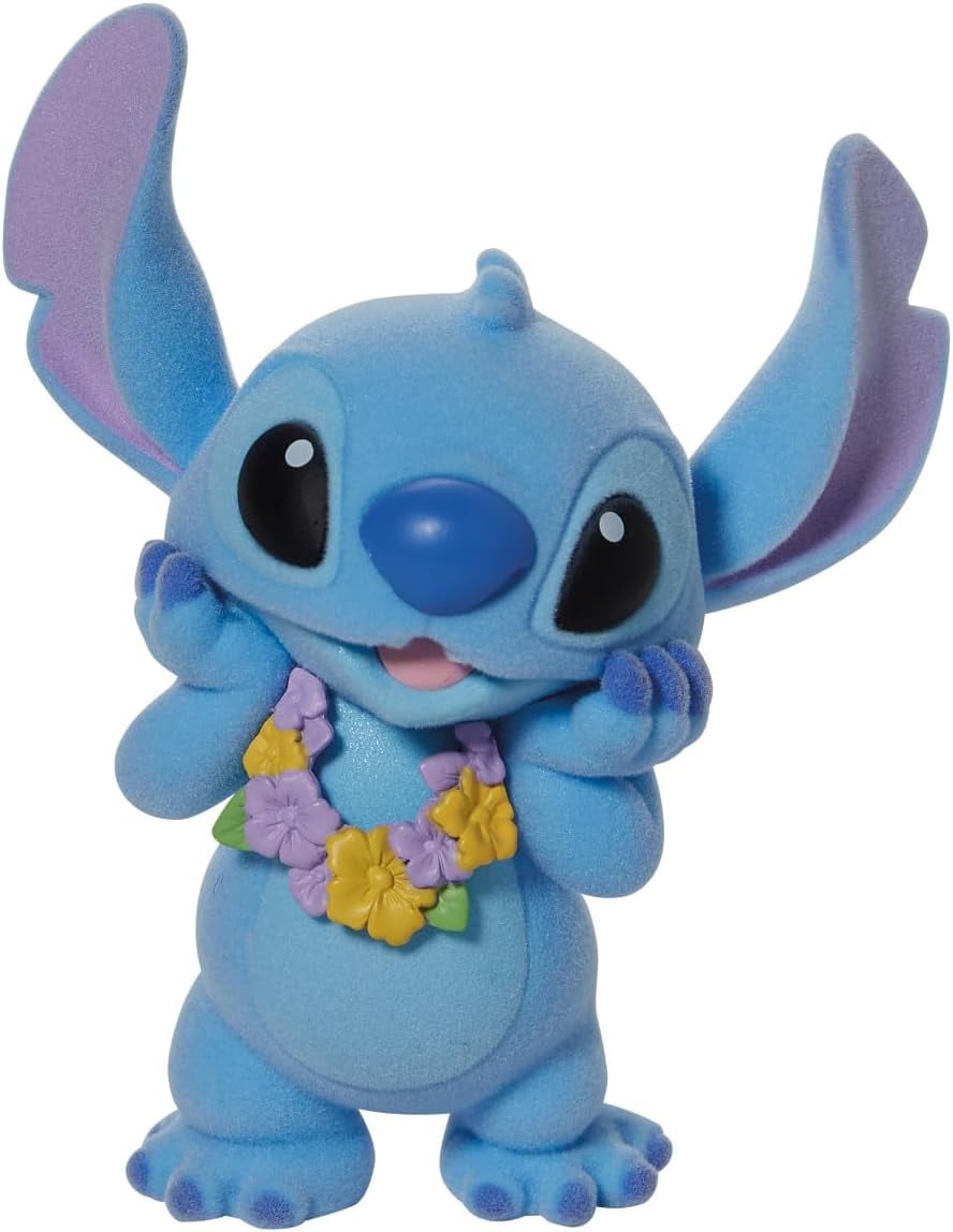 Blue Flocked Resin Stitch Figurine with Hawaiian Lei, 3.5 Inch