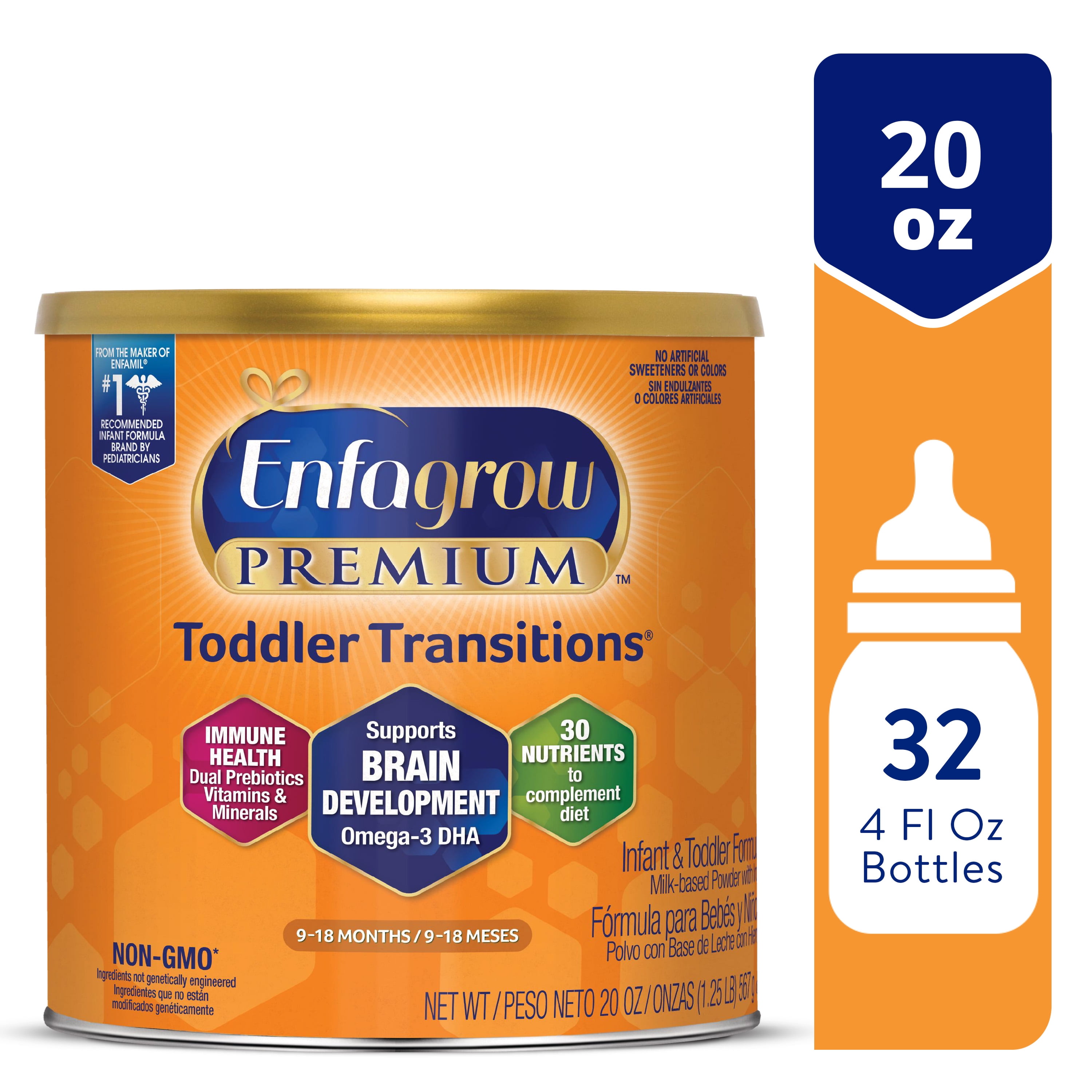 Enfagrow PREMIUM Non GMO Toddler Transitions Formula Omega 3 DHA Non GMO Prebiotics Iron Vitamins Powder Can 20 Oz