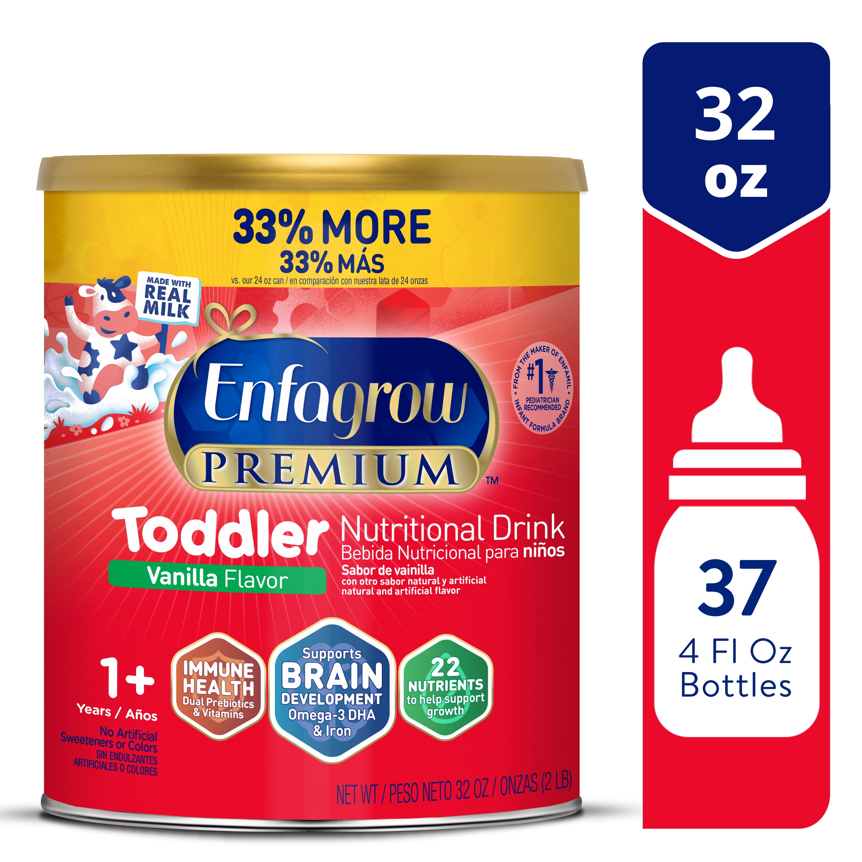Enfagrow PREMIUM Toddler Next Step, Omega 3 DHA Prebiotics, Toddler Nutritional Milk Drink, Natural Vanilla Milk Flavor Powder Can, 32 Oz