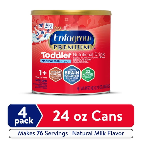 Enfagrow Premium Powder Toddler Nutritional Milk Drink, Supports Growth & Immune Health, Natural Milk Flavorr, 24 Oz, 4 Count