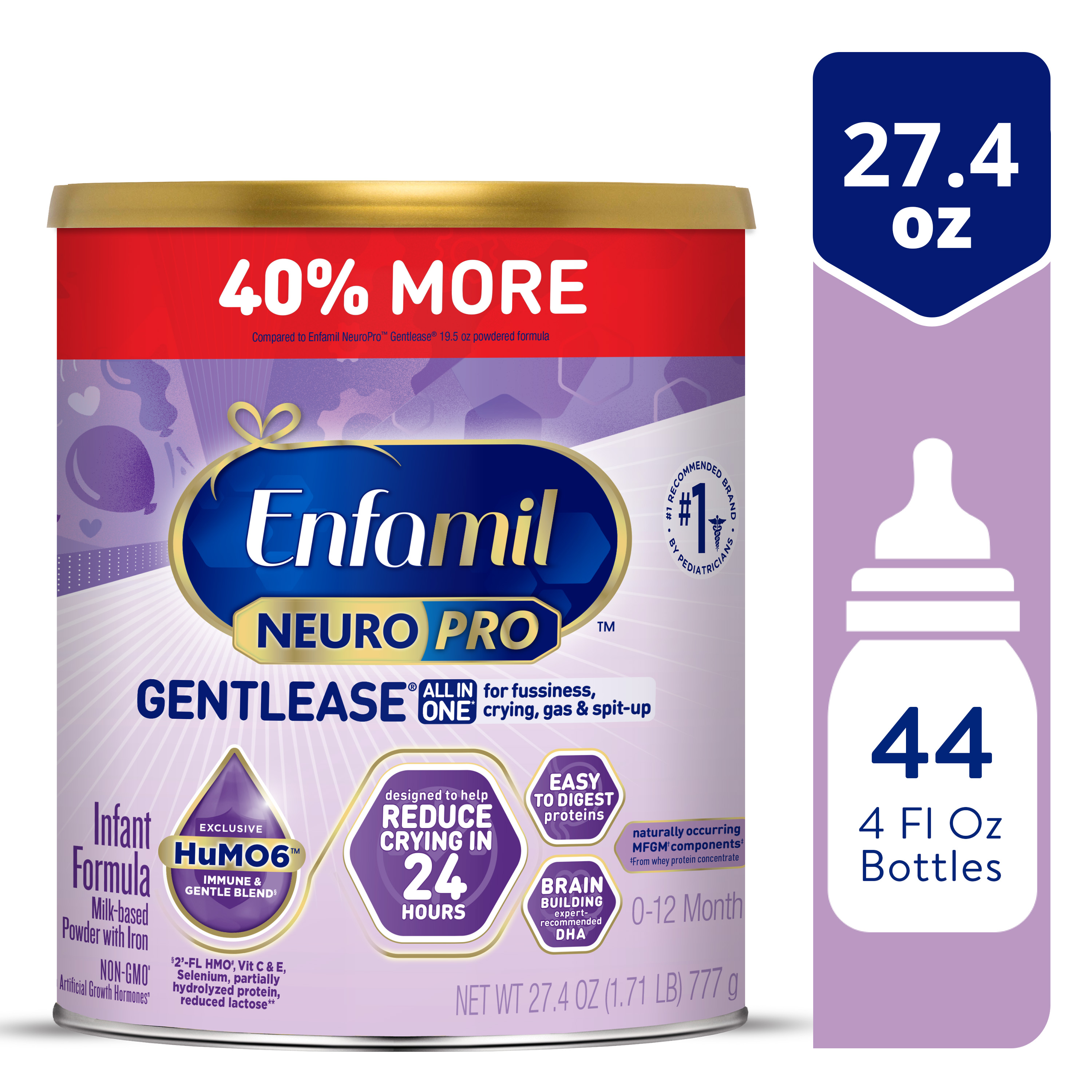  Enfamil NeuroPro Gentlease Baby Formula, Infant Formula Nutrition, Brain Support that has DHA, HuMO6 Immune Blend, Designed to Reduce Fussiness, Crying, Gas & Spit-up in 24 Hrs, Powder Can, 27.4 Oz - image 1 of 13