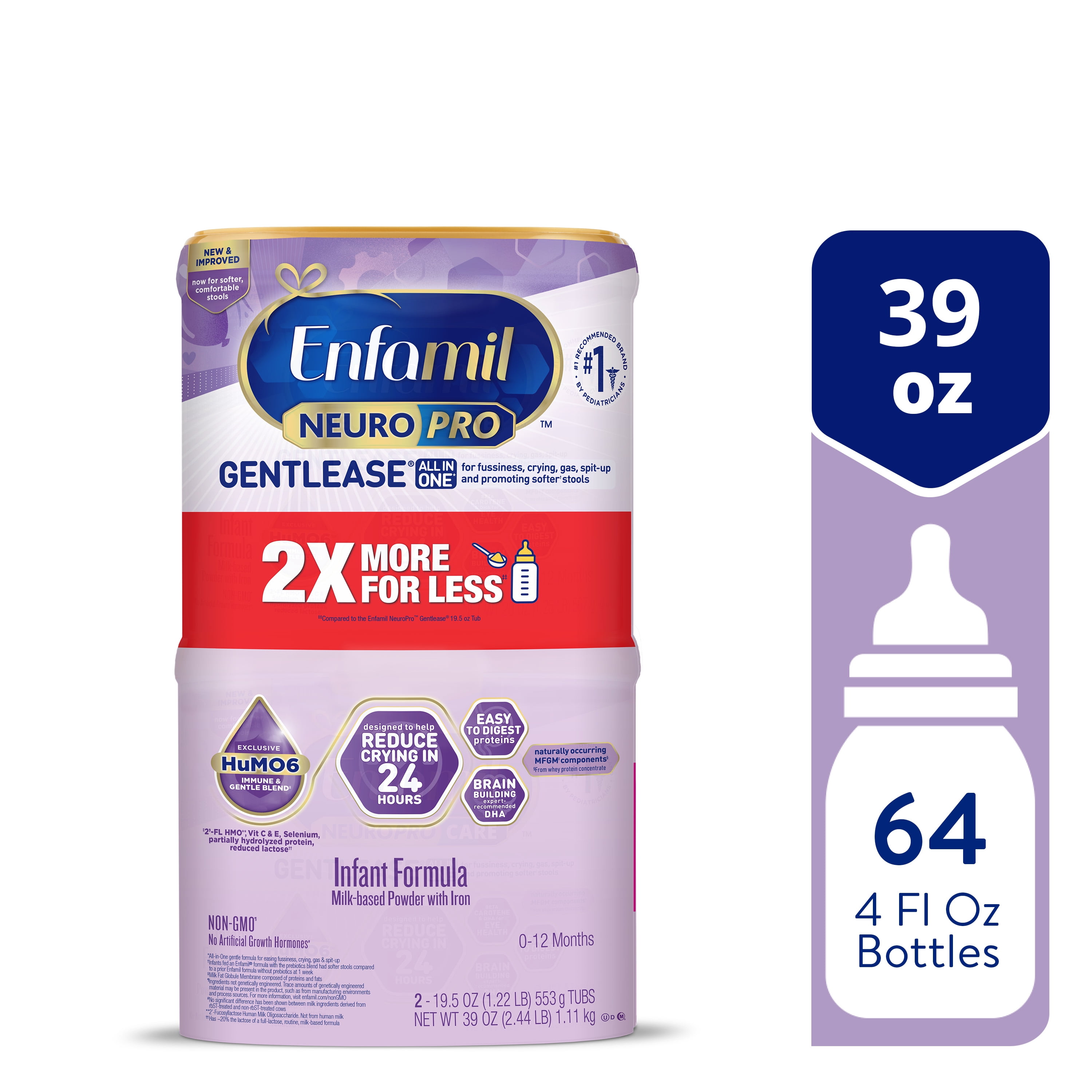 Enfamil NeuroPro Gentlease Baby Formula for Easing Fussiness, Gas, Spit-up in 24 Hrs, 19.5 oz Twin Tub