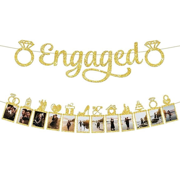Engaged Photo Banner, Gold Glitter Diamond Ring Design Double Layer Picture Frame Bunting, Engagement Party Couple Memory Photo Collage Wall Decor