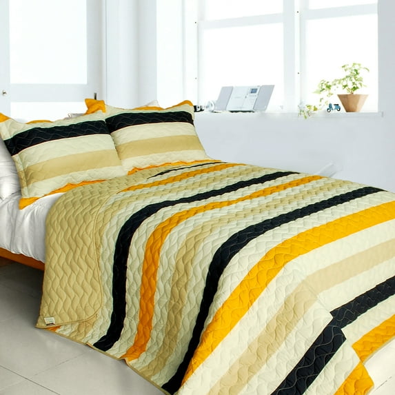 Engagement 3PC Vermicelli-Quilted Patchwork Quilt Set (Full/Queen Size)