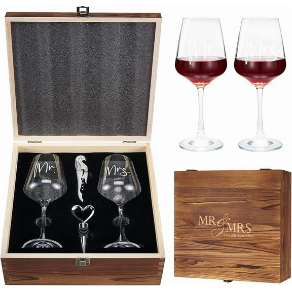 Engagement Bridal Shower Wedding Gifts for Newlyweds Couples 2025, Anniversary Mr and Mrs Wine Glasses Set of 2 for Couple, 12 oz Crystal Wedding Glass Set with Gift Box for Bride Groom