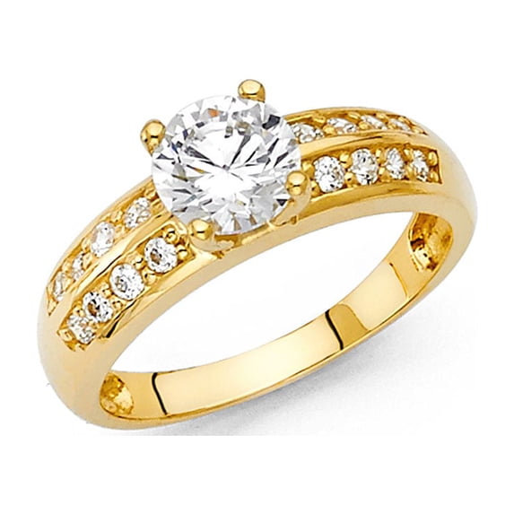 Engagement CZ Ring 14k Yellow Gold Anniversary Round CZ Ring Bridal Dome Band Side Stones Women Size 7.5