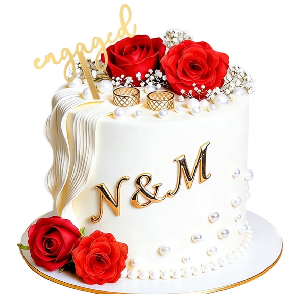Romantic Red Rose Engaged Cake Topper Decor Kit Gold Letter Accent For Adult Engagement Wedding Anniversary Dessert Table Display