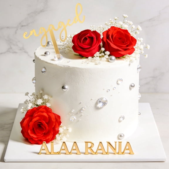Engagement Cake Decorations Set - Romantic Red Roses & Gold 'Engaged' Letter Sign for Wedding Party Decor