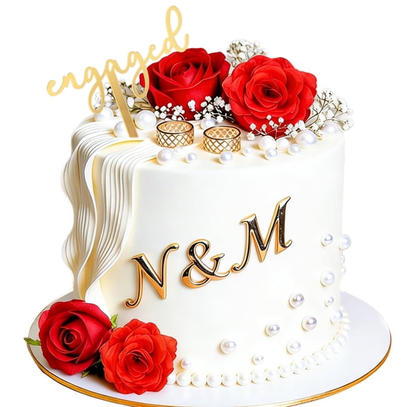 Engagement Cake Decorations Set  Romantic Red Roses & Gold "Engaged" Letter Sign for Wedding & Party Decor