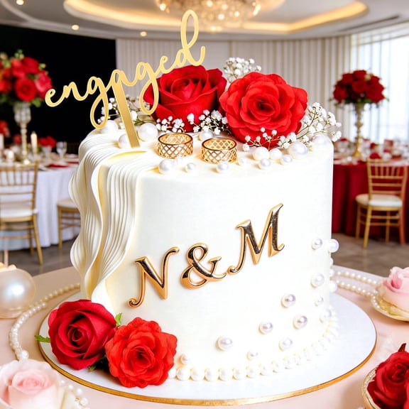 Romantic Red Rose Engaged Cake Topper Decor Kit Gold Letter Accent For Adult Engagement Wedding Anniversary Dessert Table Display