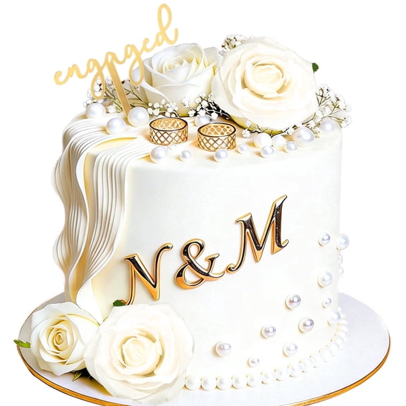 Engagement Cake Topper Set - White Roses & Gold Decor for Romantic Wedding Anniversary Party