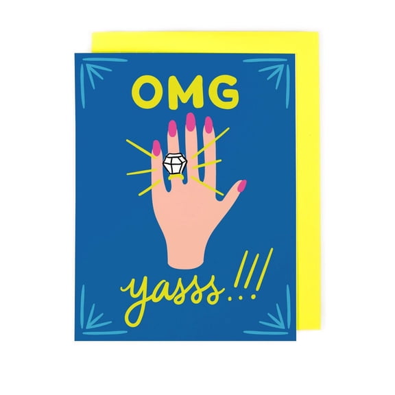 Engagement Card - "OMG Yasss!!!" Hand with Diamond Ring Design - Colorful Greeting Card with Envelope - Perfect for Celebrating Engagements, Proposals, and Weddings