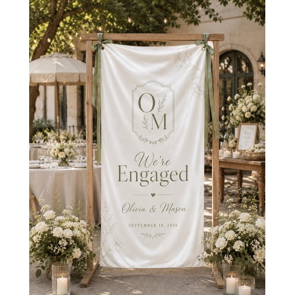 Engagement Celebration Satin Banner, Personalized Welcome Sign, Custom Party Backdrop Decor