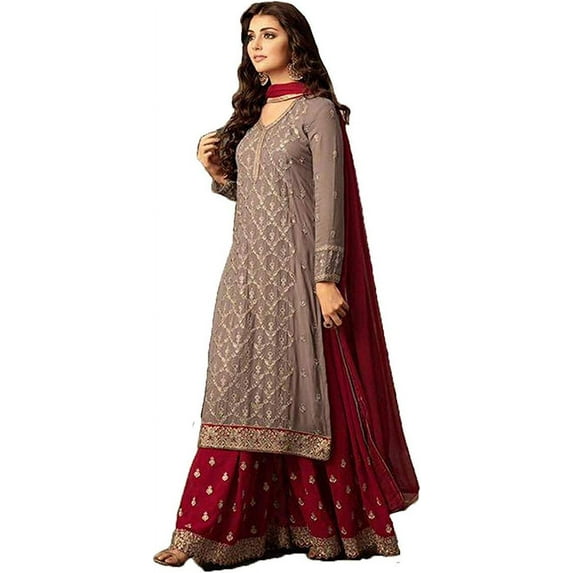 Engagement Function Wear Indian Designer Salwar Kameez Pakistani Sharara Plazzo Suits ( Brown, XS - 36 )