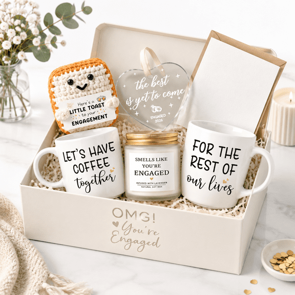 Engagement Gift Set for Couples, 7-Piece Curated Celebration Box for Newly Engaged Partners