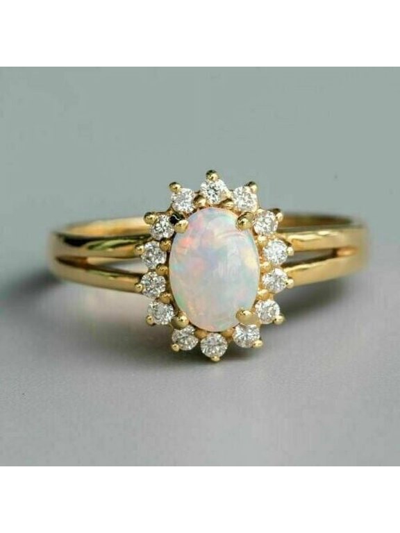 Engagement Halo Floral Ring Oval Cut Fire Opal 14K Yellow Gold Plated Silver Size 13
