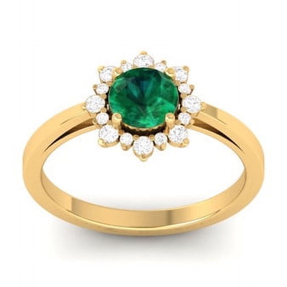 Engagement Halo Round Cut Green Emerald and Moissanite Ring, 14K Yellow Gold Plated for Women