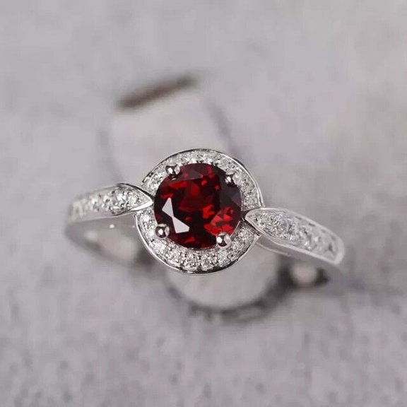 Engagement Halo Wedding Ring For Women Red Garnet Round Cut 14K White Gold Plated