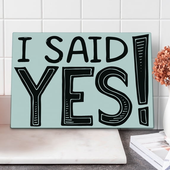 Engagement Party Cutting Board, I Said Yes Words Happiness Striped Letters Announcement Art Print, Decorative Tempered Glass Cutting and Serving Board, Large Size, Black and White, by Ambesonne