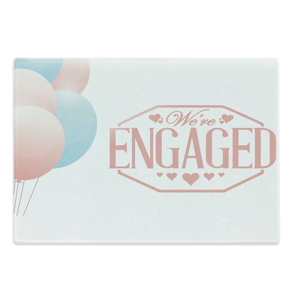 Engagement Party Cutting Board, We Are Engaged Celebration Words Card with Balloons Hearts Image, Decorative Tempered Glass Cutting and Serving Board, Large Size, Pale Pink and Blue, by Ambesonne