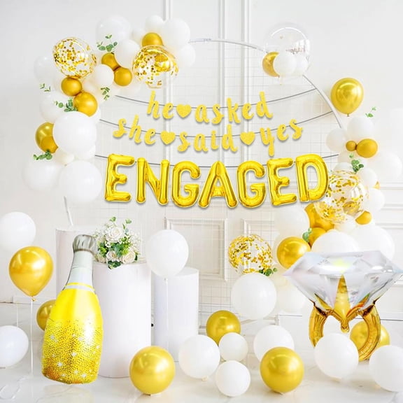 Engagement Party Decoration Set - Luxury Gold, Silver and White Foil Balloons and Heart-shaped Streamers for Scene Decoration Combo