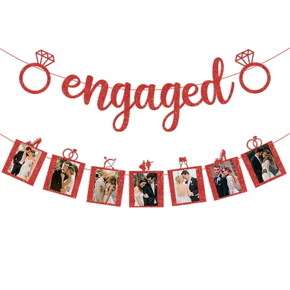 Engagement Party Decorations, Glittery Red Engaged Banner Engagement Photo Banner with Romantic Memories Picture Frames for Wedding Bridal Shower Engagement Party Supplies