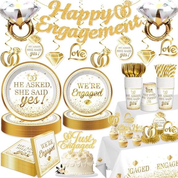 Engagement Party Decorations, Happy Engagement Banner Ring Foil Balloons He Asked She Said Yes Disposable Dinnerware with 2 Pcs Waterproof Engaged Tablecloth Wedding Proposal Decorations Party Decor