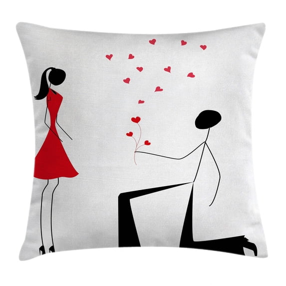Engagement Party Decorations Throw Pillow Cushion Cover, Modern Minimalist Design Couple with Heart Flowers, Decorative Square Accent Pillow Case, 16 X 16 Inches, Black White and Red, by Ambesonne