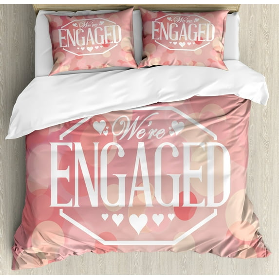 Engagement Party Duvet Cover Set, Engagement Party Cards with Blurry Abstract Circles Art Print, Decorative 3 Piece Bedding Set with 2 Pillow Shams, Queen Size, Salmon Pink and White, by Ambesonne