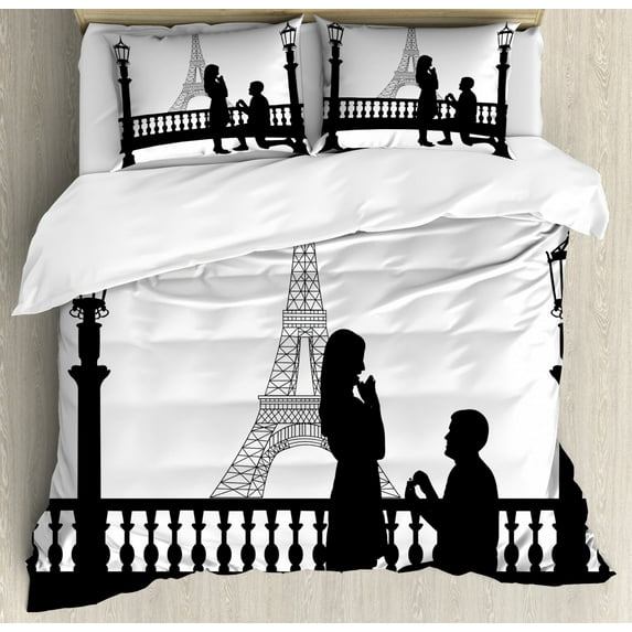 Engagement Party Duvet Cover Set Queen Size, Paris Lovers City Wedding Proposal for Great Future Image Happiness, Decorative 3 Piece Bedding Set with 2 Pillow Shams, Black and White, by Ambesonne