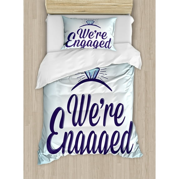 Engagement Party Duvet Cover Set, We Are Engaged Announcement Words Wedding Ring Celebration, Decorative 2 Piece Bedding Set with 1 Pillow Shams, Twin Size, Sky Blue and Navy Blue, by Ambesonne