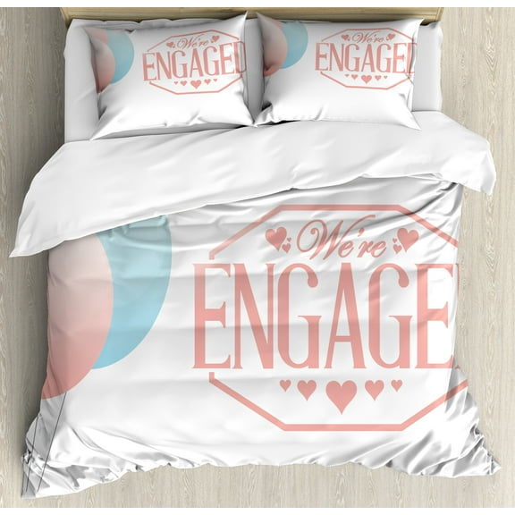 Engagement Party Duvet Cover Set, We Are Engaged Celebration Words Card with Balloons Hearts Image, Decorative 3 Piece Bedding Set with 2 Pillow Shams, King Size, Pale Pink and Blue, by Ambesonne