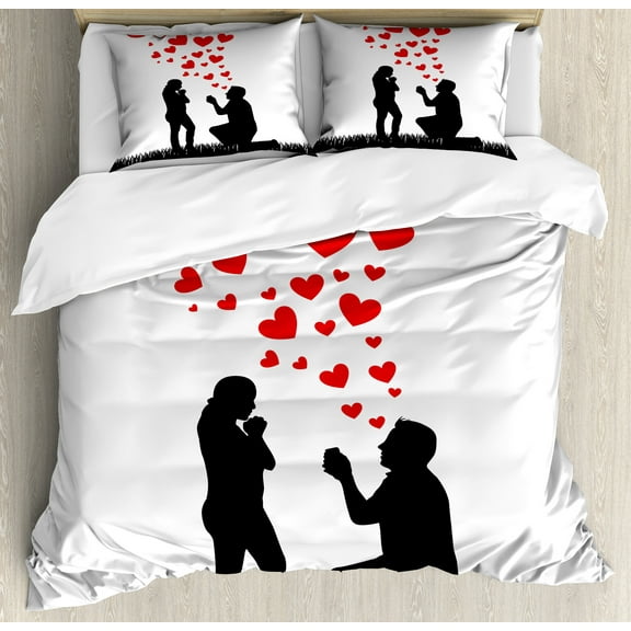 Engagement Party Duvet Cover Set, Wedding Proposal of Romantic Couple with Hearts Image Happiness, Decorative 3 Piece Bedding Set with 2 Pillow Shams, Calking Size, Black White and Red, by Ambesonne