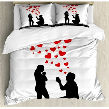 Engagement Party Duvet Cover Set, Wedding Proposal of Romantic Couple with Hearts Image Happiness, Decorative 3 Piece Bedding Set with 2 Pillow Shams, King Size, Black White and Red, by Ambesonne