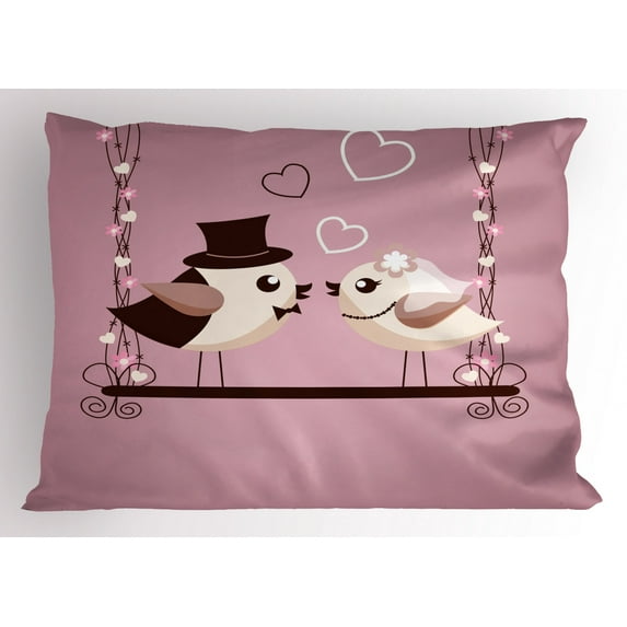 Engagement Party Pillow Sham A Bride and Groom Sparrow Couple Tweeting on Outdoor Swing, Decorative Standard King Size Printed Pillowcase, 36 X 20 Inches, Dried Rose Brown Eggshell, by Ambesonne