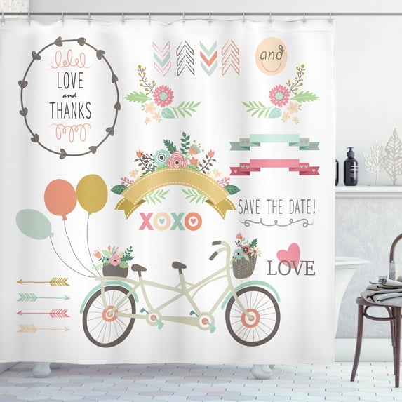 Engagement Party Shower Curtain, Bicycle With a Basket Full of Spring Flowers Wedding Concept Elements, Fabric Bathroom Set with Hooks, 69W X 70L Inches, Multicolor, by Ambesonne