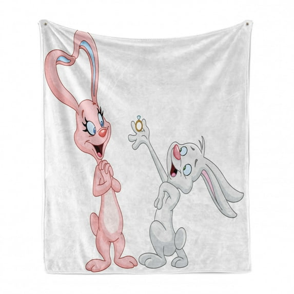 Engagement Party Soft Flannel Fleece Blanket, Cartoon Bunnies Proposing Rabbits with Wedding Ring Artwork Print, Cozy Plush for Indoor and Outdoor Use, 50" x 60", Pale Pink and Grey, by Ambesonne